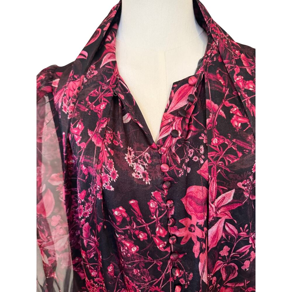 Alice & Olivia Black w/Pink Flowers Blouse Sheer Puff Sleeves - Large 395 - Picture 3 of 7